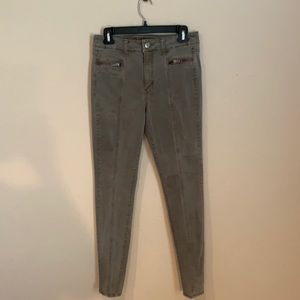 Khaki Green trousers. Slimming style. Mid rise front seam leads to skinny ankle